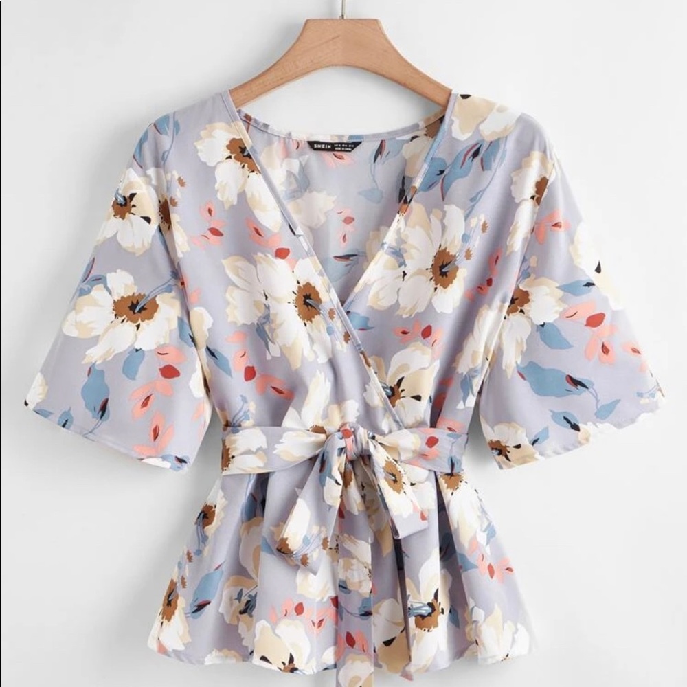 Floral Wrap Belted Blouse